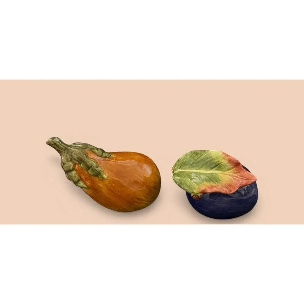 Fitz & Floyd Eggplant And Squash Salt Pepper Shaker Set Multicolor Vintage Leaf
